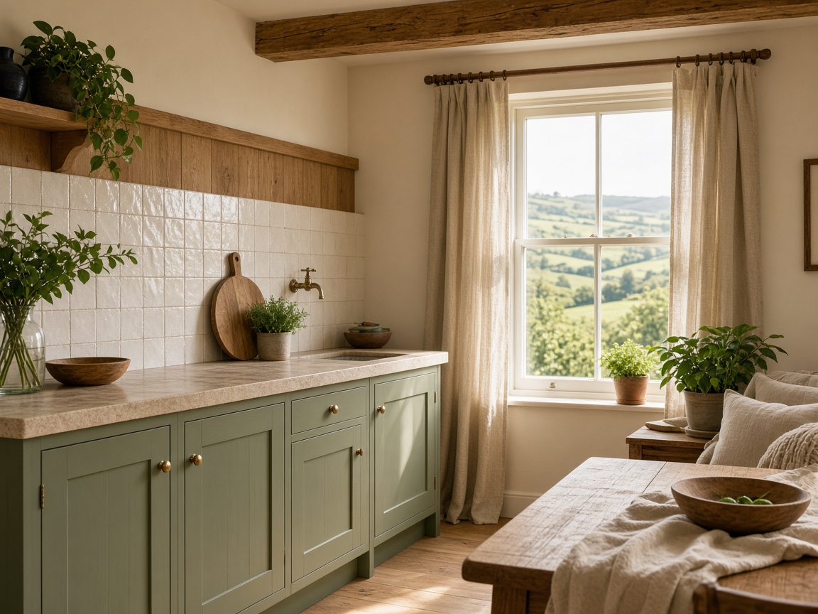 A cottage kitchen with sage cabinets, timber and a view over green Somerset hills