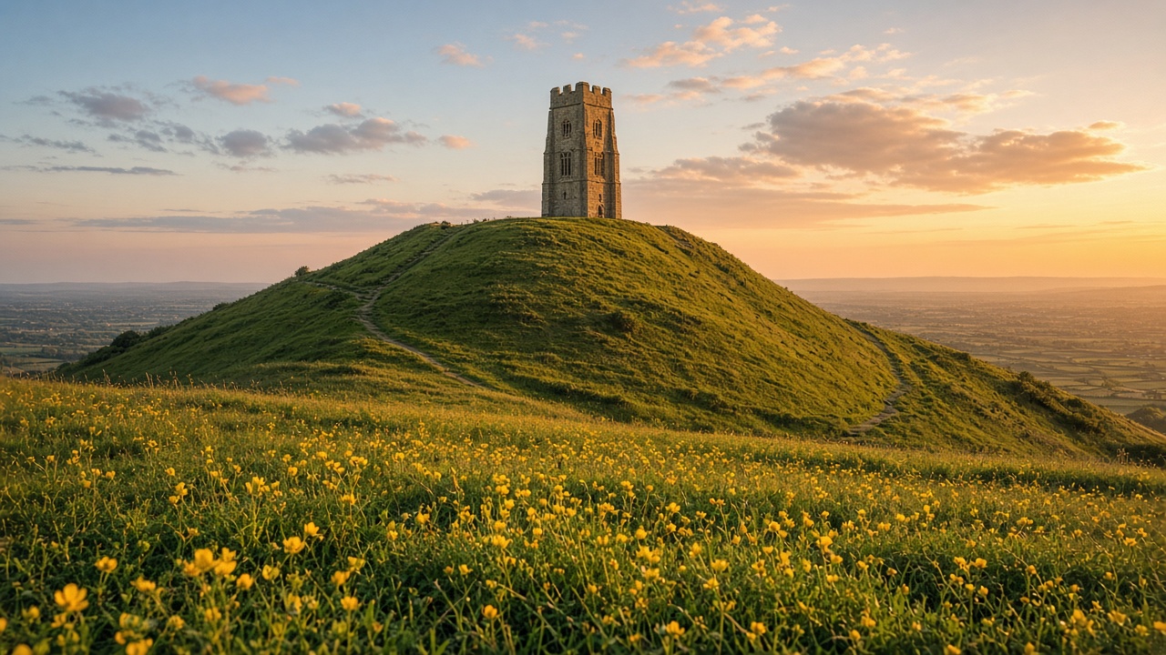 Glastonbury Tor on a green hill at sunset, with buttercups in the foreground