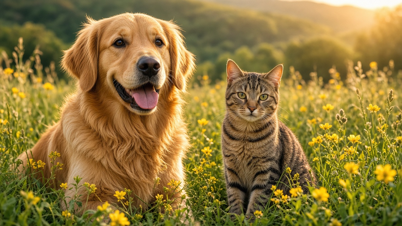 A golden retriever and a tabby cat sitting together in a sunlit wildflower meadow